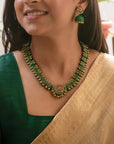 Harshapushpa — Antique Gold Green and Pink Flower Design Handmade Terracotta Necklace Set