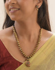 Paisleyara - Handmade Terracotta Statement Necklace Set – Antique Gold Beads with Paisley Pendant in Red Green Matching Earrings