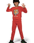 Kantara x Tresnova Cotton Knit Full Sleeves Antimicrobial Finish Tiger Printed Coordinating T-shirt And Joggers Set-Orange