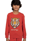 Kantara x Tresnova Cotton Knit Full Sleeves Antimicrobial Finish Tiger Printed Coordinating T-shirt And Joggers Set-Orange
