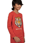 Kantara x Tresnova Cotton Knit Full Sleeves Antimicrobial Finish Tiger Printed Coordinating T-shirt And Joggers Set-Orange