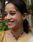 Chakramayura β Mandala Art and Peacock Design Circular Antique Gold Red Green Handmade Terracotta Choker Necklace Set