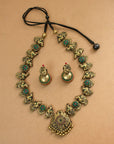 Marichimayura — Antique Gold Green and Marron Peacock Design Handmade Terracotta Necklace Set