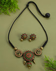 Chakramayura β Mandala Art and Peacock Design Circular Antique Gold Red Green Handmade Terracotta Choker Necklace Set