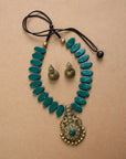 Mayuravarna — Antique Gold and Green Peacock Design Handmade Terracotta Necklace Set