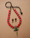 Chaturika — Red Green Square Design Handmade Terracotta Necklace Set