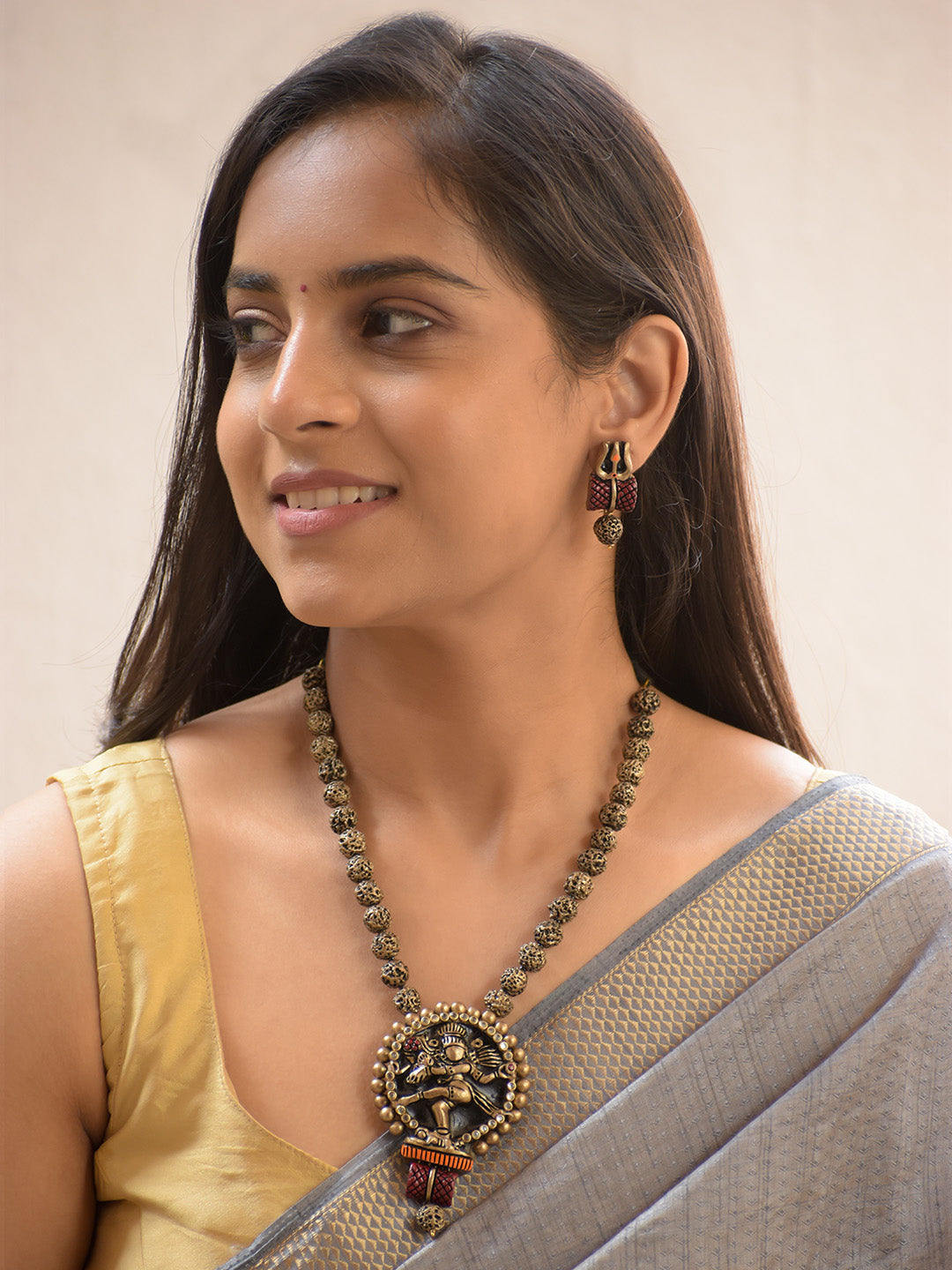 Handcrafted Terracotta Rudraksha Bead Necklace Set with Lord Shiva Pendant and Matching Earrings
