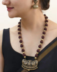 Rajyam Lakshmi — Designer Handmade Terracotta Maroon And Antique Gold Color Lakshmi Design Long Rudraskha Necklace Set