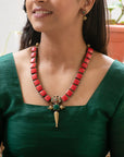 Chaturika — Red Green Square Design Handmade Terracotta Necklace Set