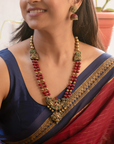 Roohani - Antique Gold and Maroon Peacock Design Handmade Terracotta Necklace Set