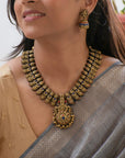 Mayura Sri — Antique Gold Red and Blue Peacock and Lakshmi Design Handmade Terracotta Necklace Set