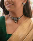 Mandala and Peacock Art work Silver Finish 100% Handmade Terracotta Choker Necklace Set