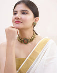 Triloka Pushpa — Designer Handmade Three Layered Circular Shape Floral Design Pendant Antique Gold Color Choker Handmade Terracotta Necklace Set