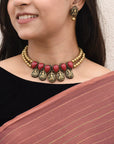 Vighnarudra — Maroon Antique Gold Ganesha Design Two Layered Minimalistic Temple Handmade Terracotta Necklace Set