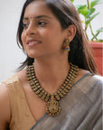 Mayura Sri — Antique Gold Red and Blue Peacock and Lakshmi Design Handmade Terracotta Necklace Set