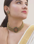 Triloka Pushpa — Designer Handmade Three Layered Circular Shape Floral Design Pendant Antique Gold Color Choker Handmade Terracotta Necklace Set
