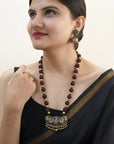Rajyam Lakshmi — Designer Handmade Terracotta Maroon And Antique Gold Color Lakshmi Design Long Rudraskha Necklace Set