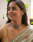 Mandala and Peacock Art work Silver Finish 100% Handmade Terracotta Choker Necklace Set