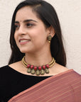Vighnarudra — Maroon Antique Gold Ganesha Design Two Layered Minimalistic Temple Handmade Terracotta Necklace Set