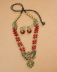 Roohani - Antique Gold and Maroon Peacock Design Handmade Terracotta Necklace Set