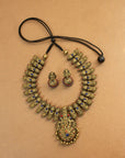 Mayura Sri — Antique Gold Red and Blue Peacock and Lakshmi Design Handmade Terracotta Necklace Set