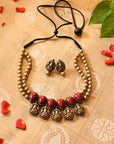 Vighnarudra — Maroon Antique Gold Ganesha Design Two Layered Minimalistic Temple Handmade Terracotta Necklace Set