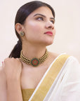 Triloka Pushpa — Designer Handmade Three Layered Circular Shape Floral Design Pendant Antique Gold Color Choker Handmade Terracotta Necklace Set