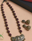 Rajyam Lakshmi — Designer Handmade Terracotta Maroon And Antique Gold Color Lakshmi Design Long Rudraskha Necklace Set