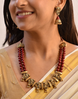 Devyani - Handcrafted Temple Two layer Terracotta Jewellery Set in Maroon & Antique Gold