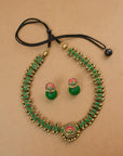 Harshapushpa — Antique Gold Green and Pink Flower Design Handmade Terracotta Necklace Set