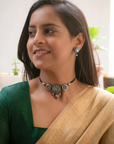 Mandala and Peacock Art work Silver Finish 100% Handmade Terracotta Choker Necklace Set