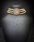 Triloka Pushpa — Designer Handmade Three Layered Circular Shape Floral Design Pendant Antique Gold Color Choker Handmade Terracotta Necklace Set