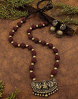 Rajyam Lakshmi — Designer Handmade Terracotta Maroon And Antique Gold Color Lakshmi Design Long Rudraskha Necklace Set