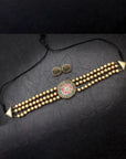 Triloka Pushpa — Designer Handmade Three Layered Circular Shape Floral Design Pendant Antique Gold Color Choker Handmade Terracotta Necklace Set