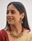 Devyani - Handcrafted Temple Two layer Terracotta Jewellery Set in Maroon & Antique Gold