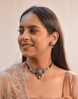 Mandala and Peacock Art work Silver Finish 100% Handmade Terracotta Choker Necklace Set