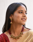 Devyani - Handcrafted Temple Two layer Terracotta Jewellery Set in Maroon & Antique Gold