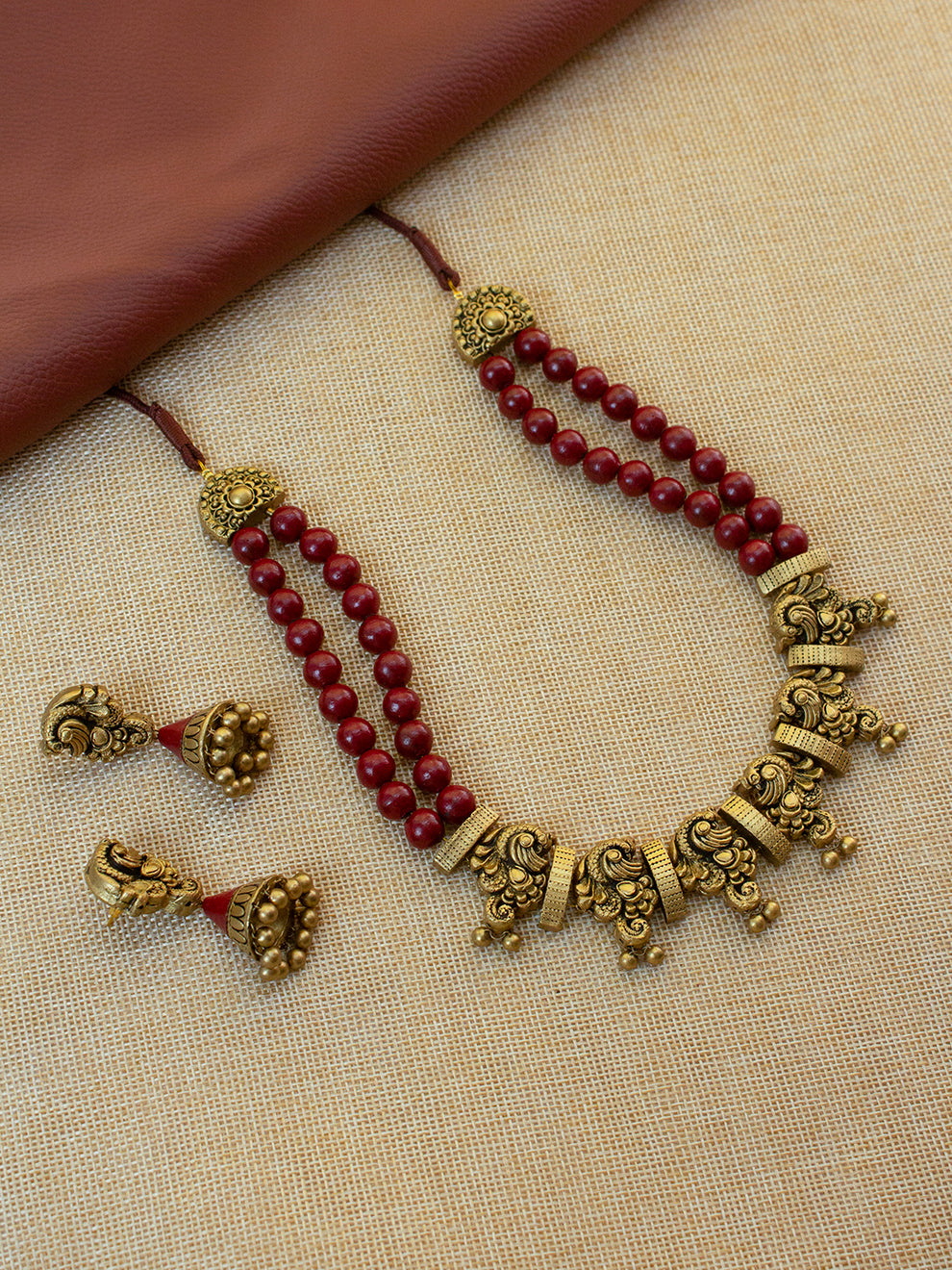 Devyani - Handcrafted Temple Two layer Terracotta Jewellery Set in Maroon &amp; Antique Gold