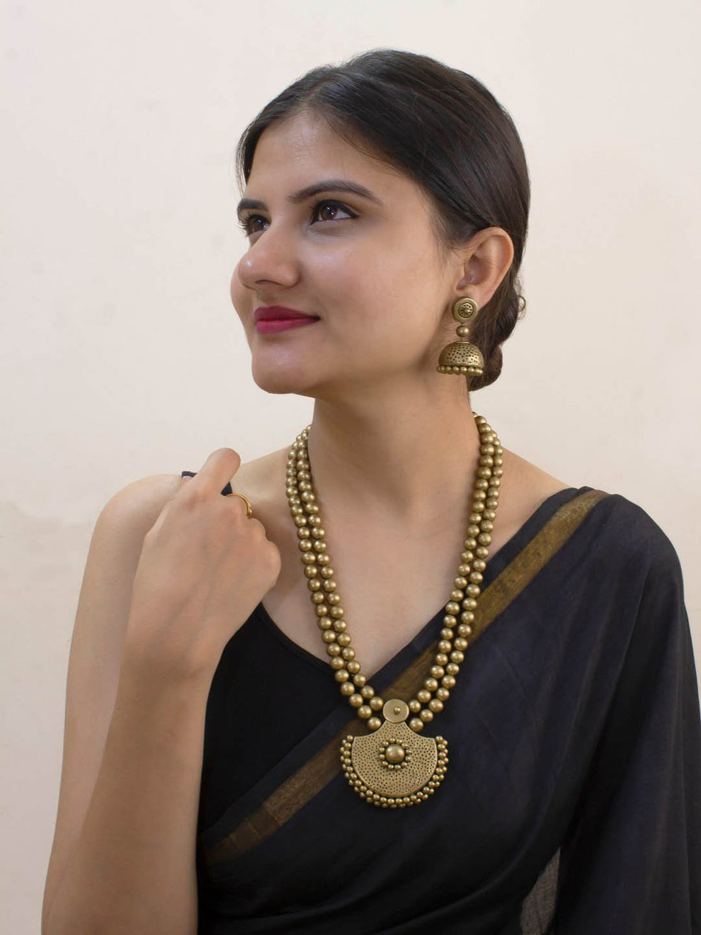 Chandramukhi — Designer Handmade Halfmoon Design Pendant Two Layered Antique Gold Color Terracotta Necklace Set