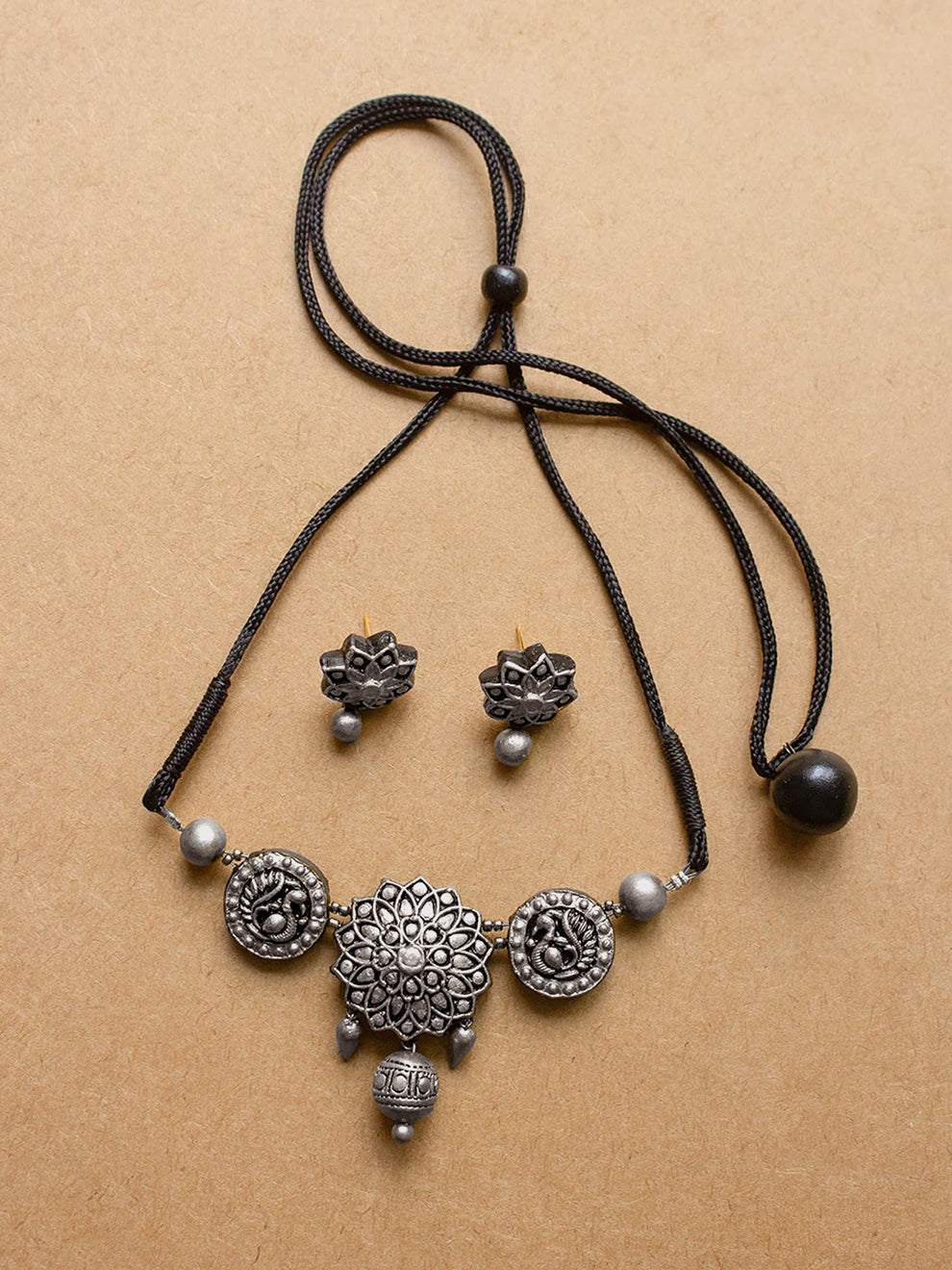 Mandala and Peacock Art work Silver Finish 100% Handmade Terracotta Choker Necklace Set