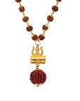 Divine Hindu Gold Plated Shiva Damroo Trishool Rudraksha Necklace – 54 Beads, Lab Certified