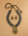Shyamamayura — Antique Gold and Black Peacock Design Handmade Terracotta Necklace Set